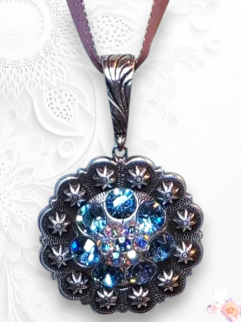 Blue Crystal Round Pendant Necklace On Silky Ribbon Heart Signed 494